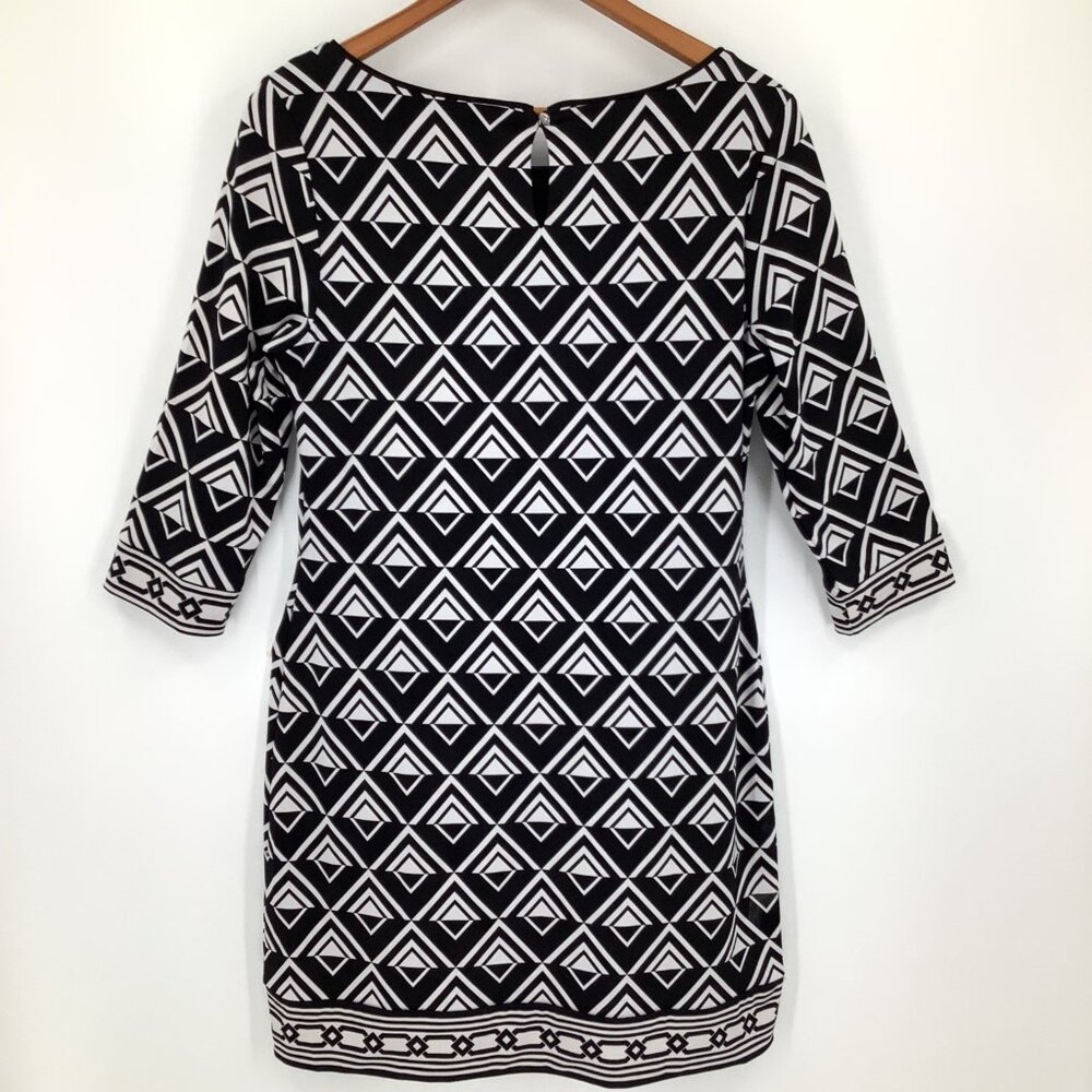 WHITE HOUSE BLACK MARKET Women's Black & White M Geometric 3/4 Sleeve Dress - Picture 3 of 7